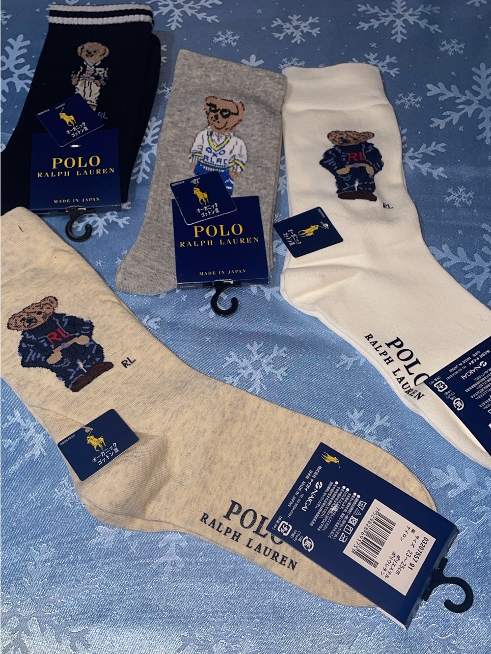 Polo by Ralph Lauren Bear Crew Socks in Navy, Gray, White, Cream 4 pairs